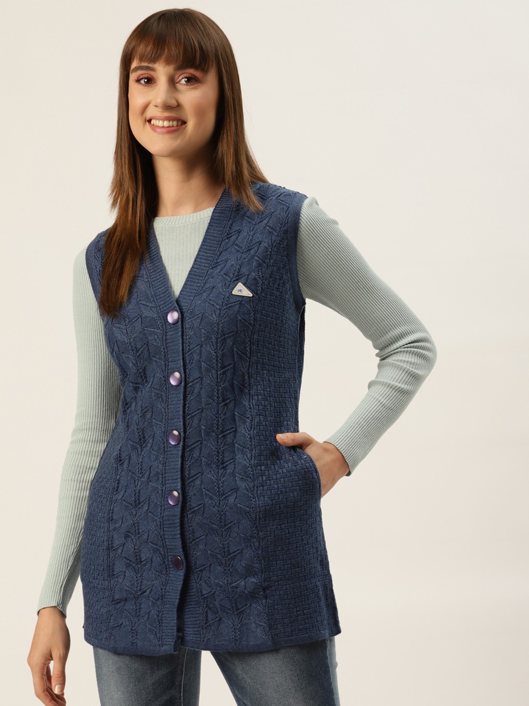 

Monte Carlo Women Blue Self-Design Longline Cardigan