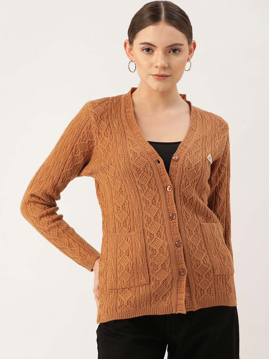

Monte Carlo Women Camel Brown Cable Knit & Open Knit Cardigan