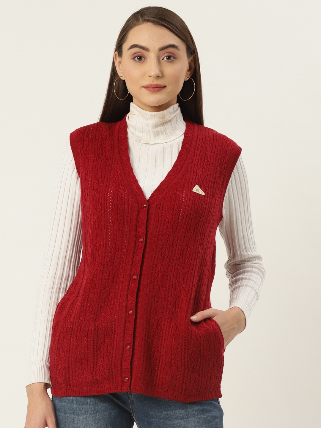 

Monte Carlo Women Maroon Cable Knit Sleeveless Cardigan