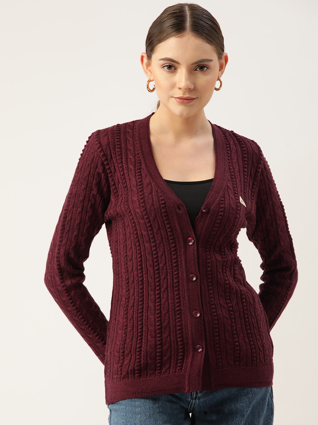 

Monte Carlo Women Maroon Cable Knit Cardigan