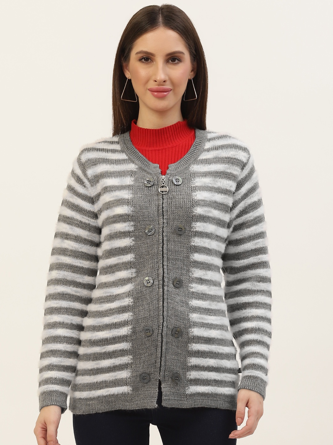 

Monte Carlo Women Grey & White Striped Cardigan