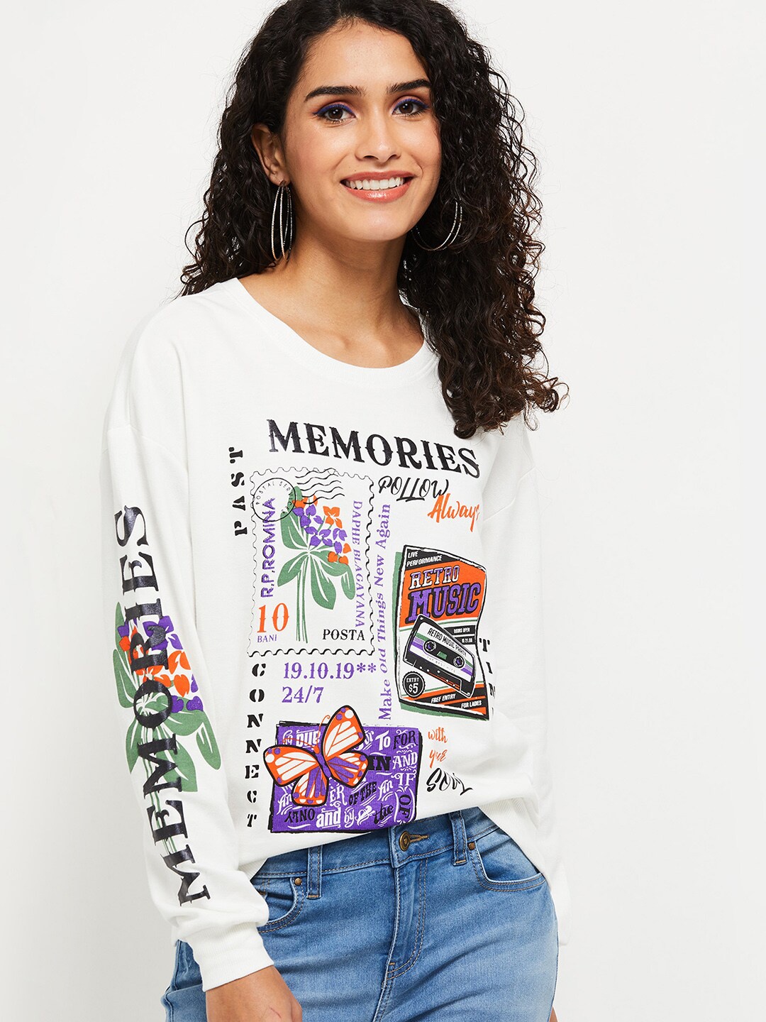 

max Women White Printed pull over conversational Sweatshirt