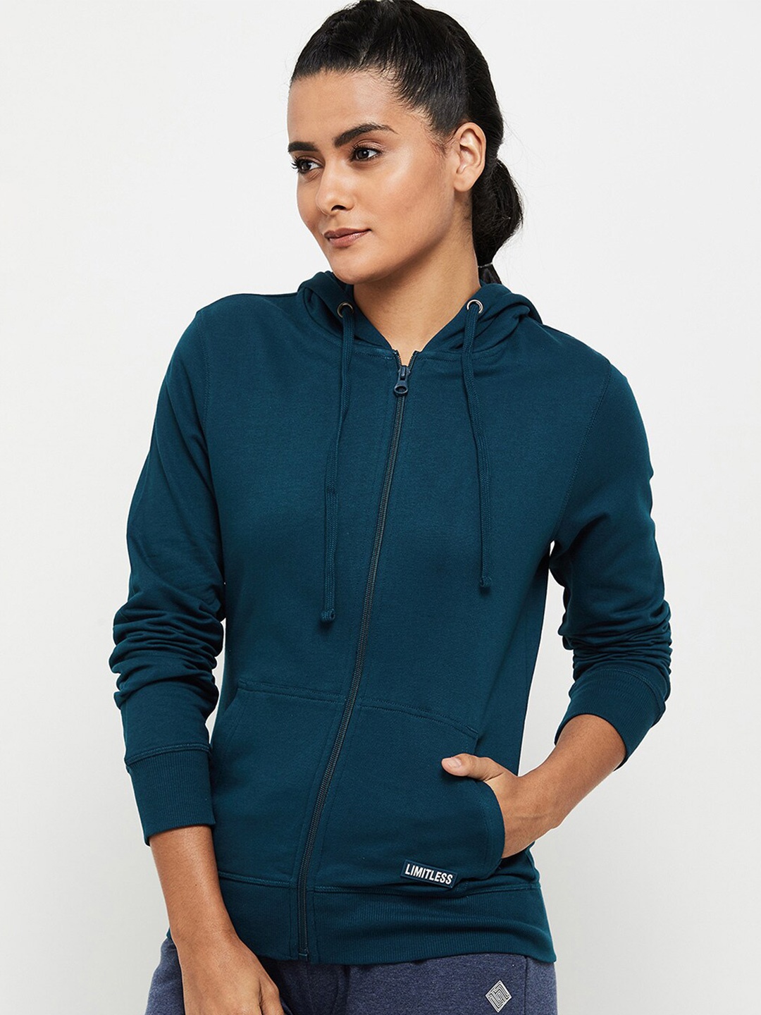 

max Women Blue Hooded Front Open Pure Cotton Sweatshirt