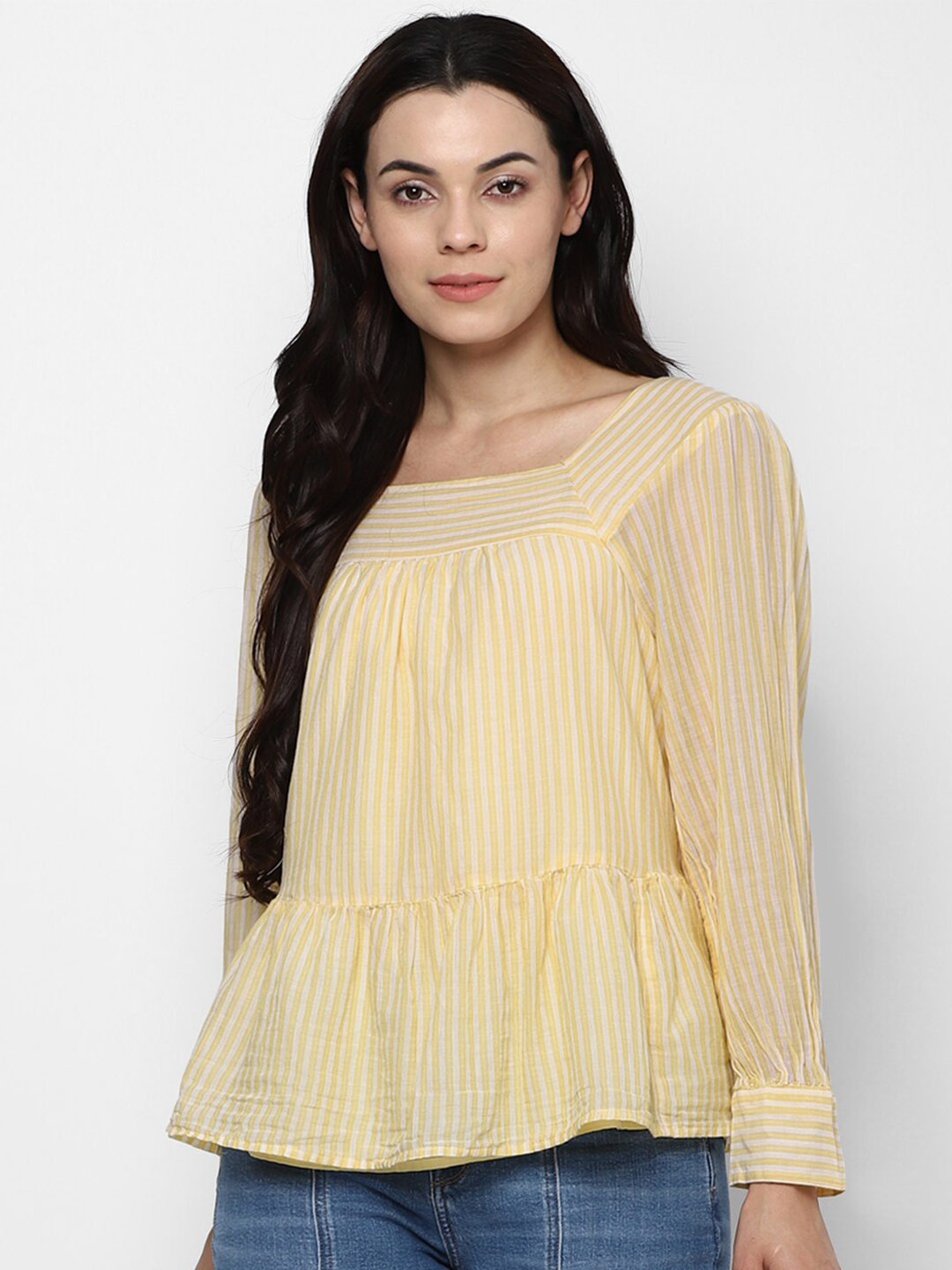 

AMERICAN EAGLE OUTFITTERS Yellow & White Striped Ruffles Pure Cotton Peplum Top