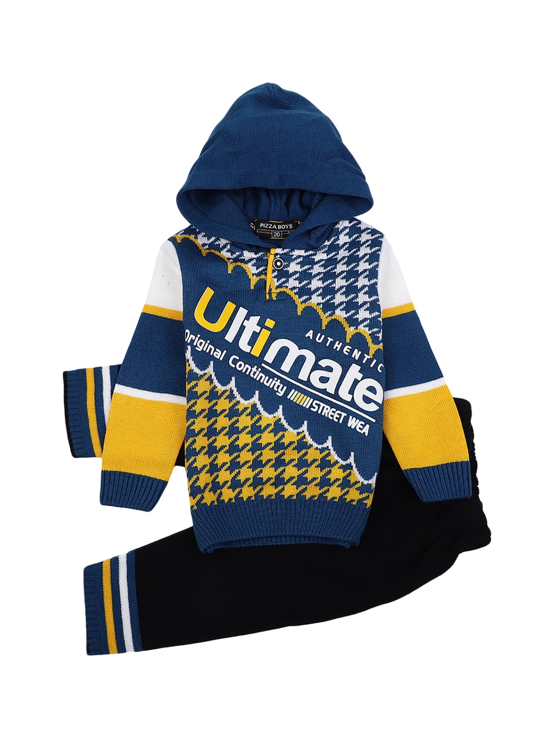 

V-Mart Unisex Kids Blue & White Printed Hooded Neck T-shirt with Trousers