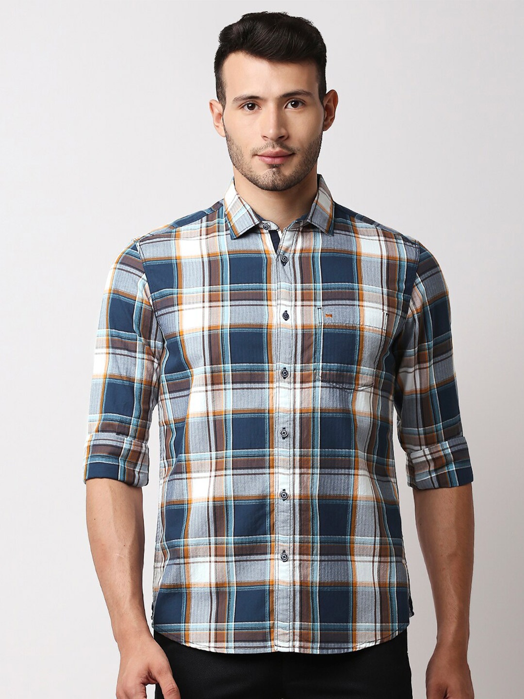 

Basics Men Navy Blue Slim Fit Tartan Checks Checked Casual Shirt