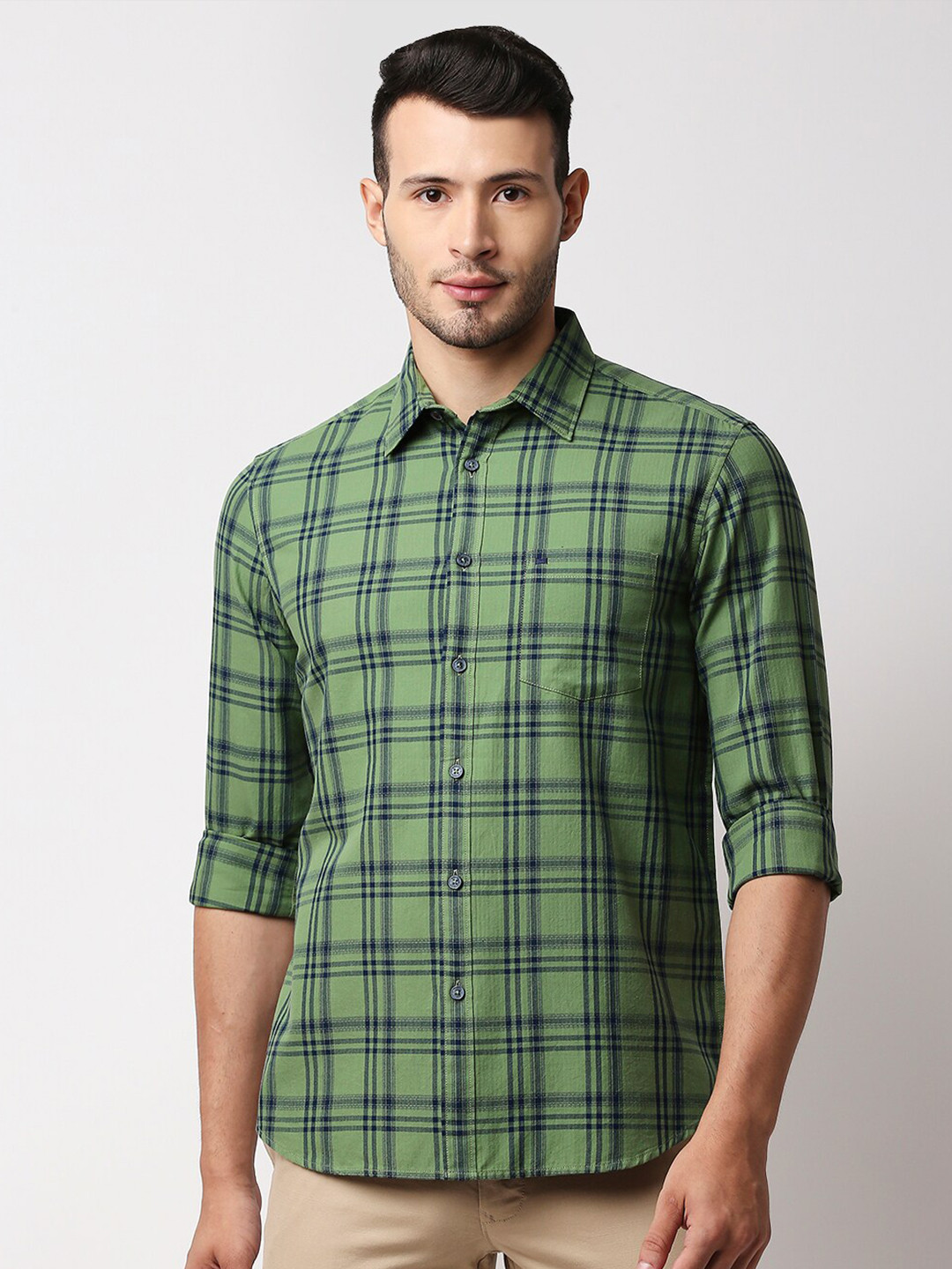 

Basics Men Green Slim Fit Tartan Checked Cotton Casual Shirt