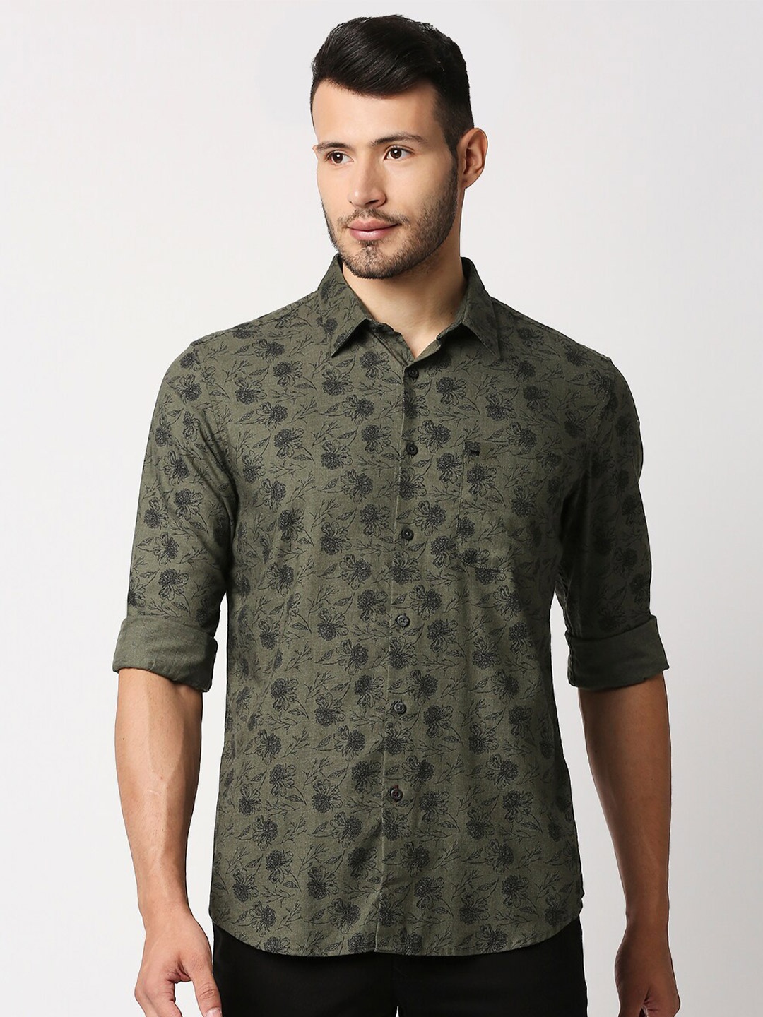 

Basics Men Olive Green Slim Fit Floral Printed Casual Shirt