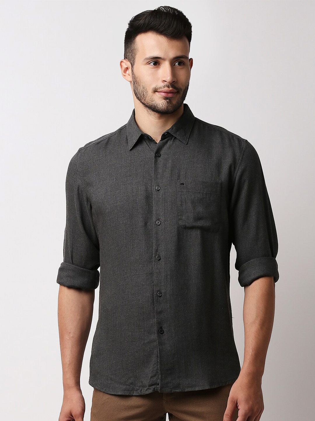 

Basics Men Dark Grey Slim Fit Pure Lyocell Casual Shirt