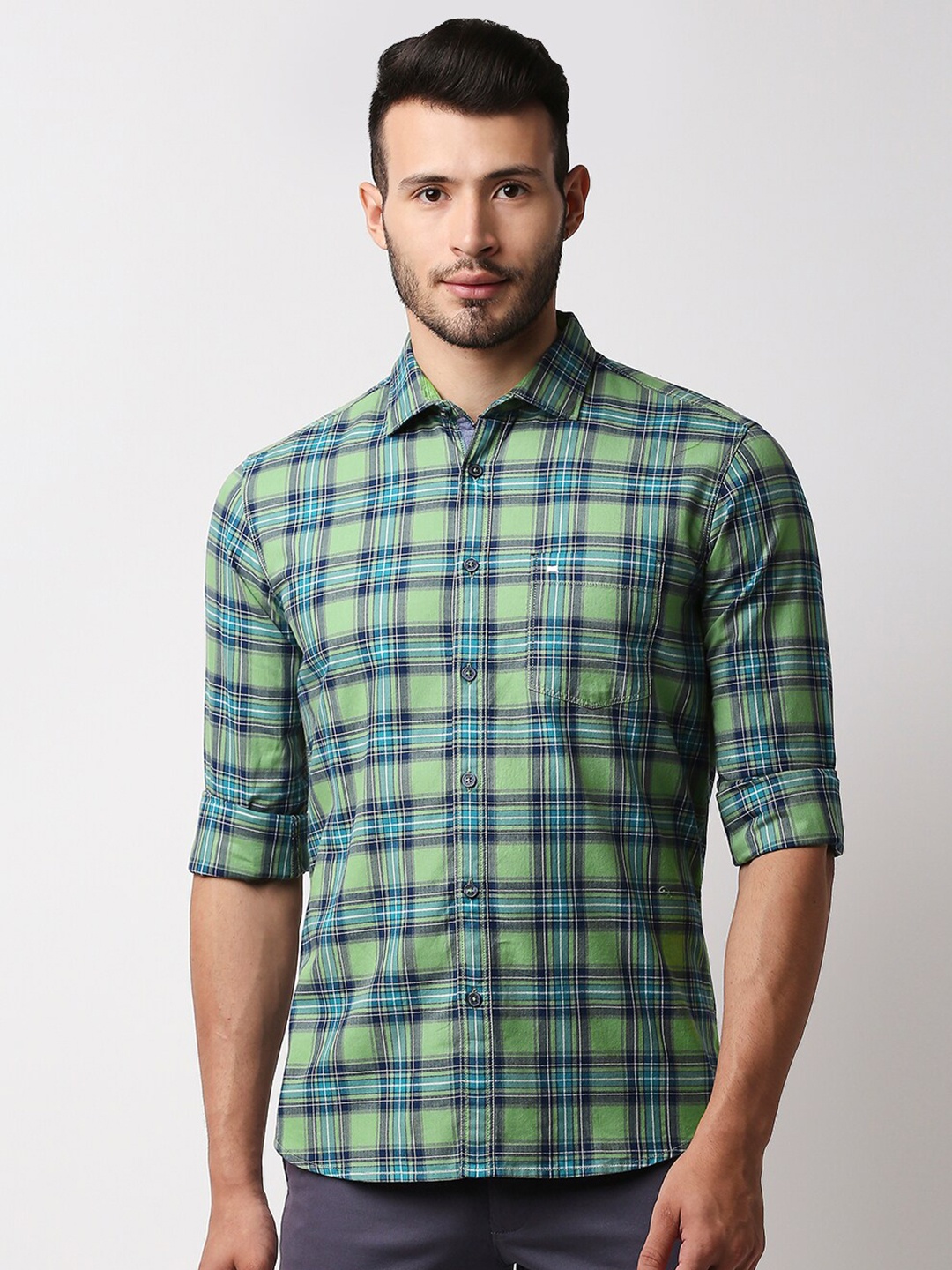 

Basics Men Green Slim Fit Tartan Checks Checked Casual Shirt