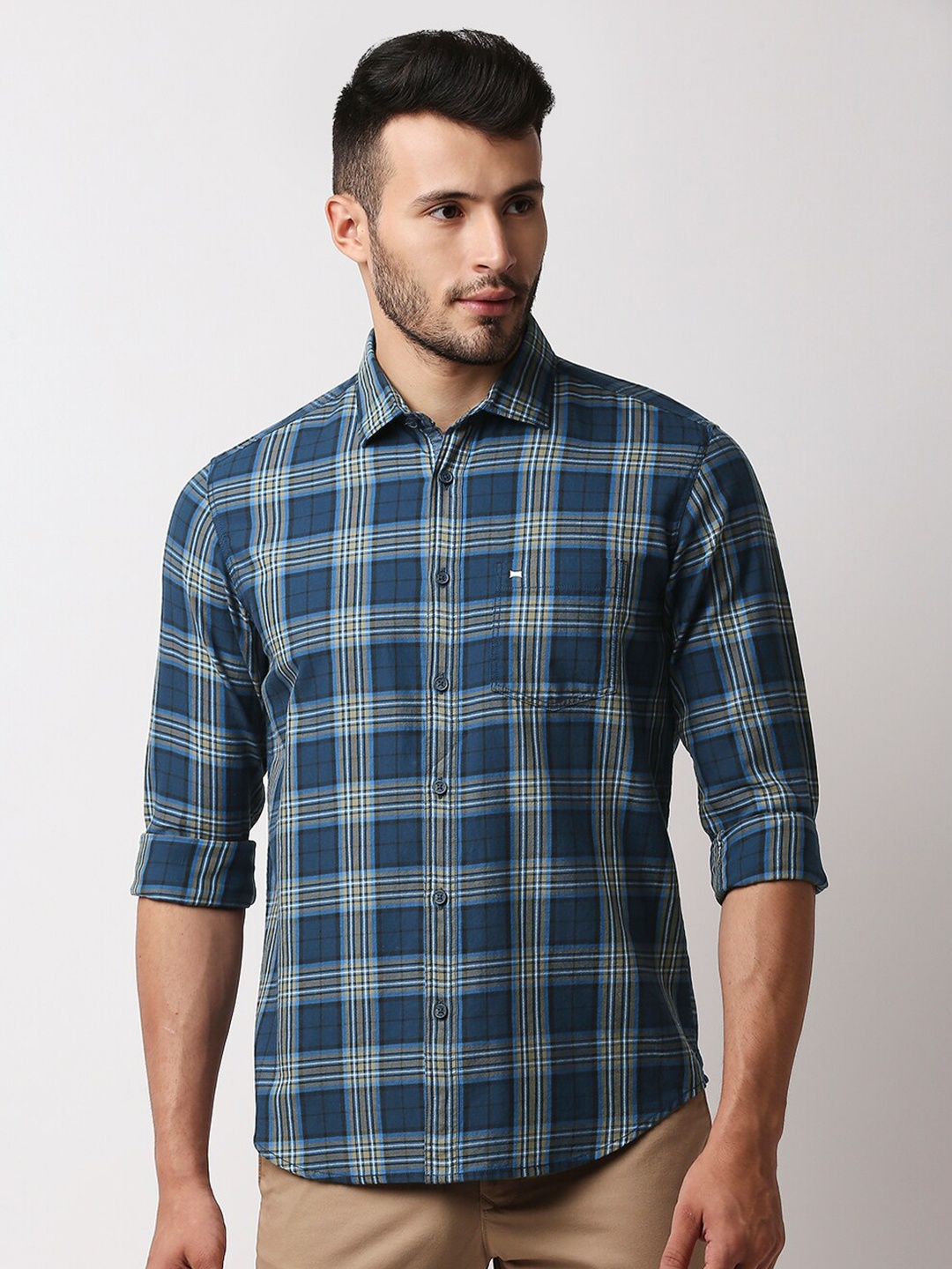 

Basics Men Blue Cotton Tartan Checked Slim Fit Casual Shirt
