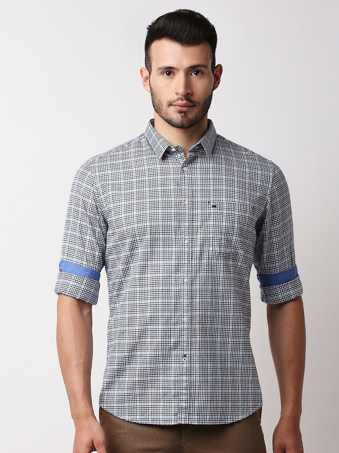 

Basics Men Navy Blue Slim Fit Checked Casual Shirt