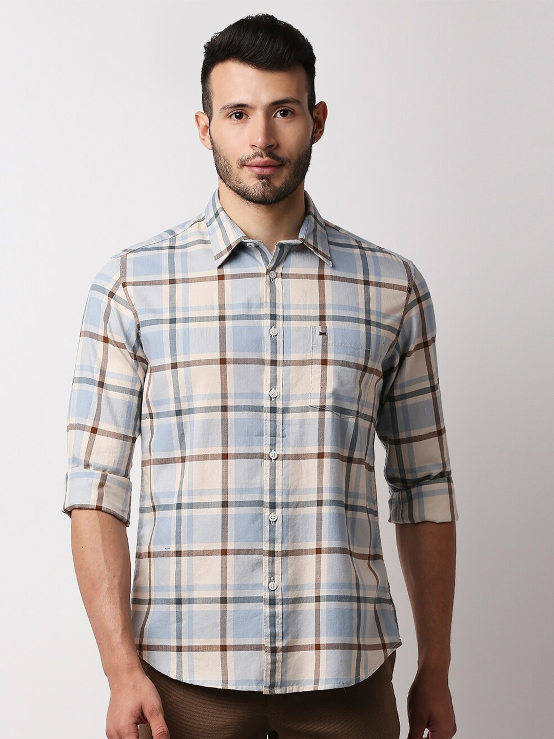 

Basics Men Beige Slim Fit Tartan Checks Checked Cotton Casual Shirt