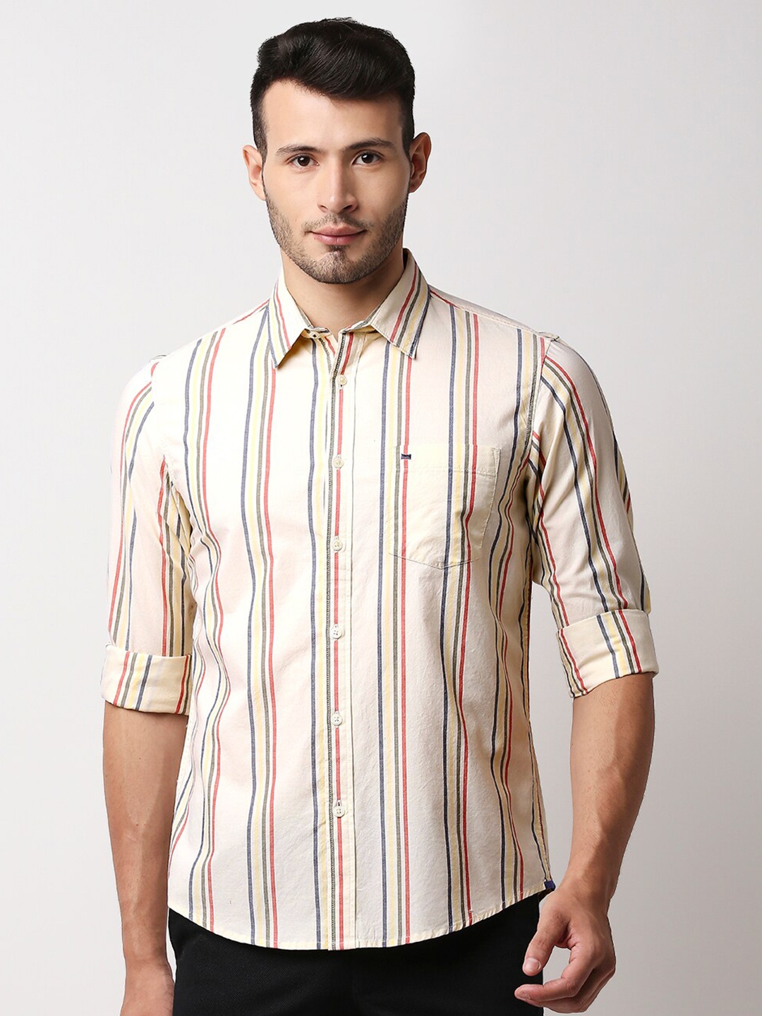 

Basics Men Yellow Slim Fit Multi Stripes Striped Casual Shirt