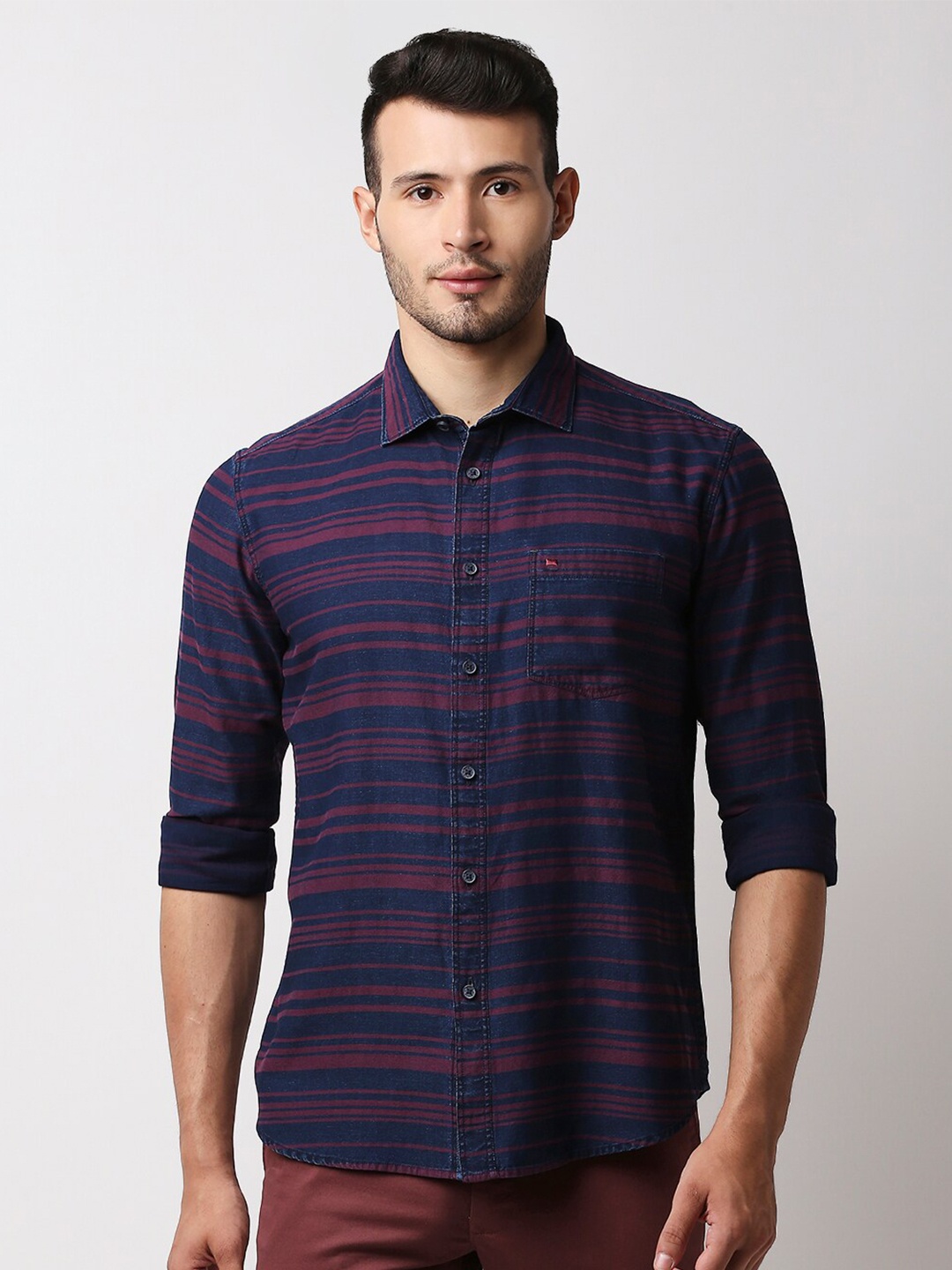 

Basics Men Pink Slim Fit Horizontal Striped Pure Cotton Casual Shirt