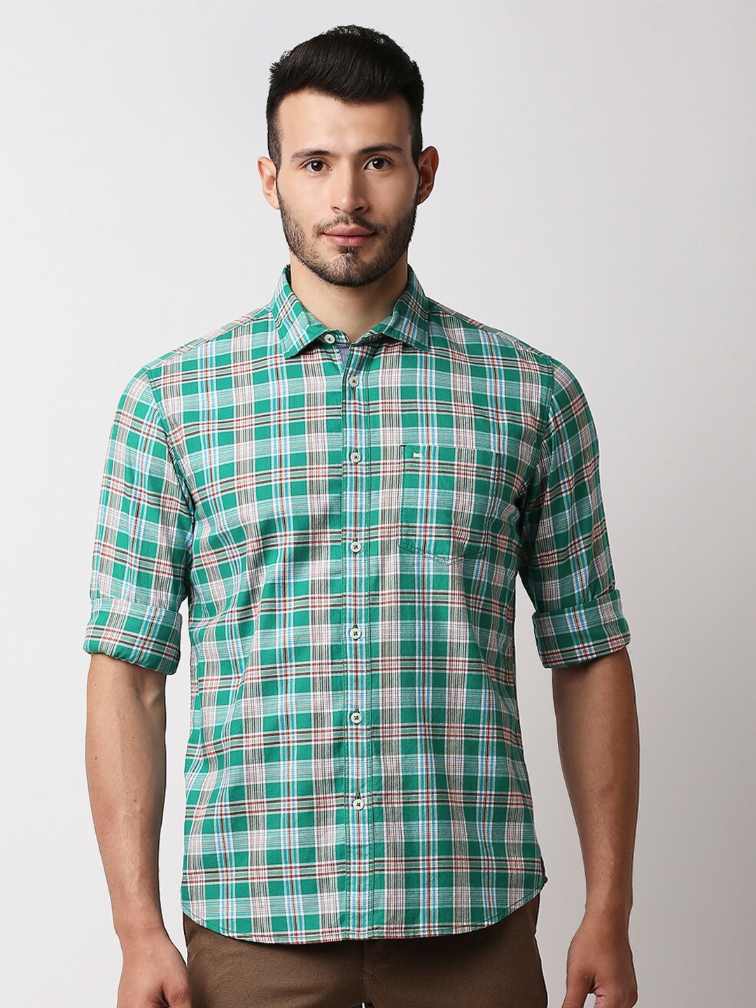 

Basics Men Green Slim Fit Tartan Checks Checked Casual Shirt