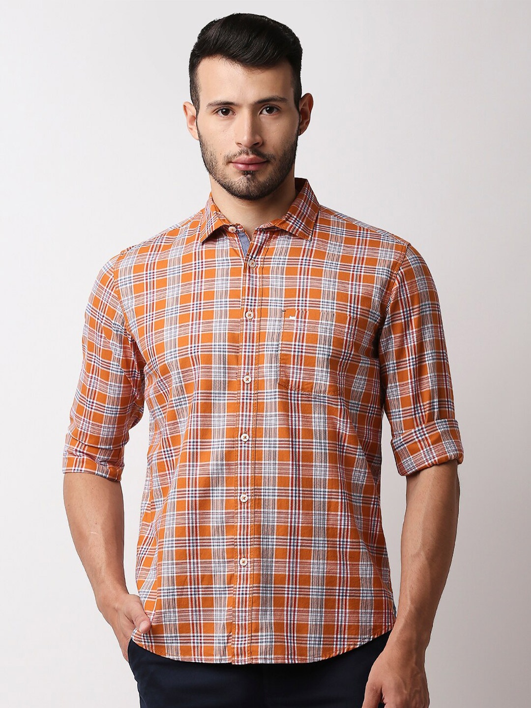 

Basics Men Orange Slim Fit Tartan Checks Checked Casual Shirt