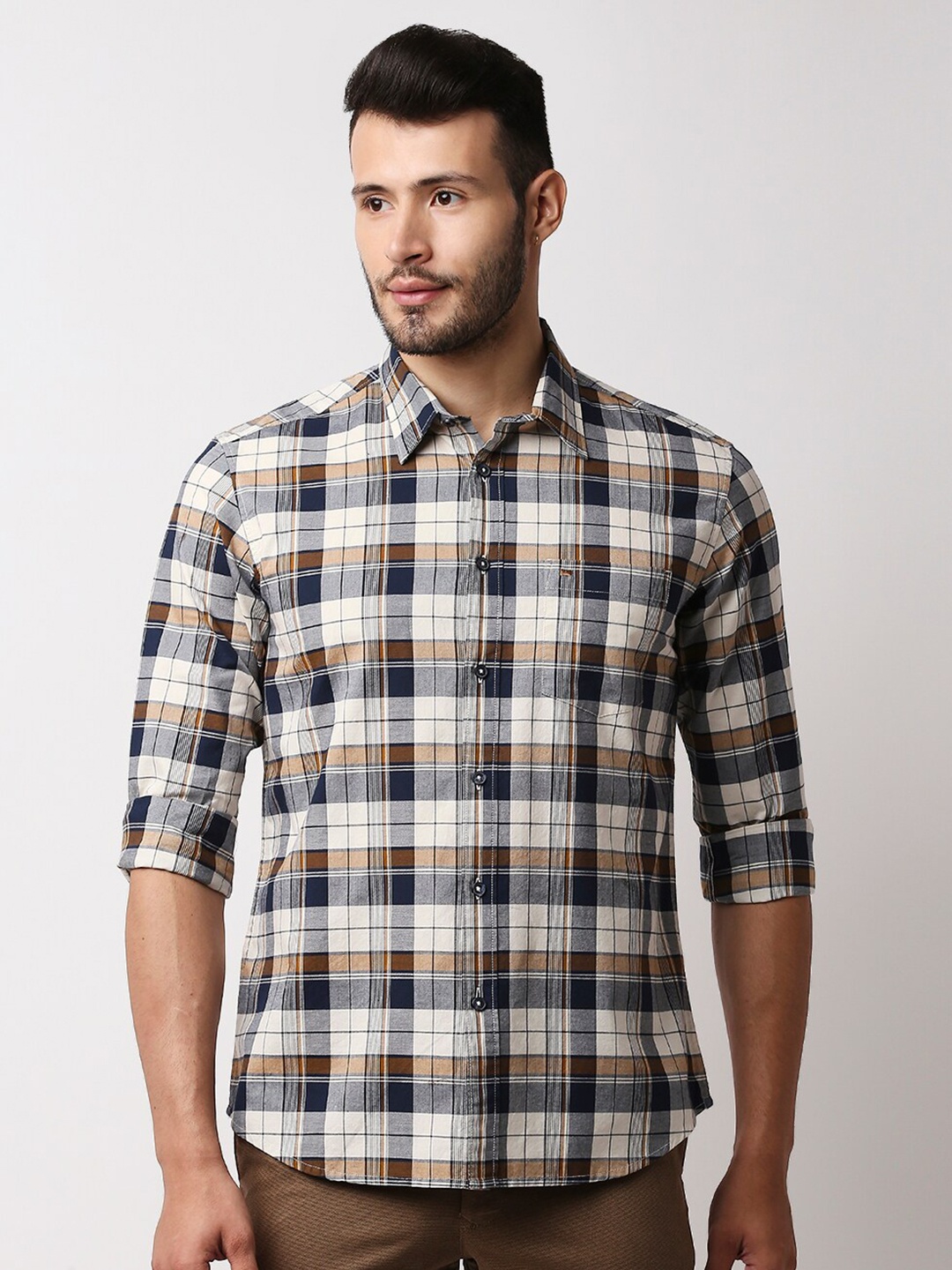 

Basics Men Yellow Slim Fit Tartan Checked Pure Cotton Casual Shirt