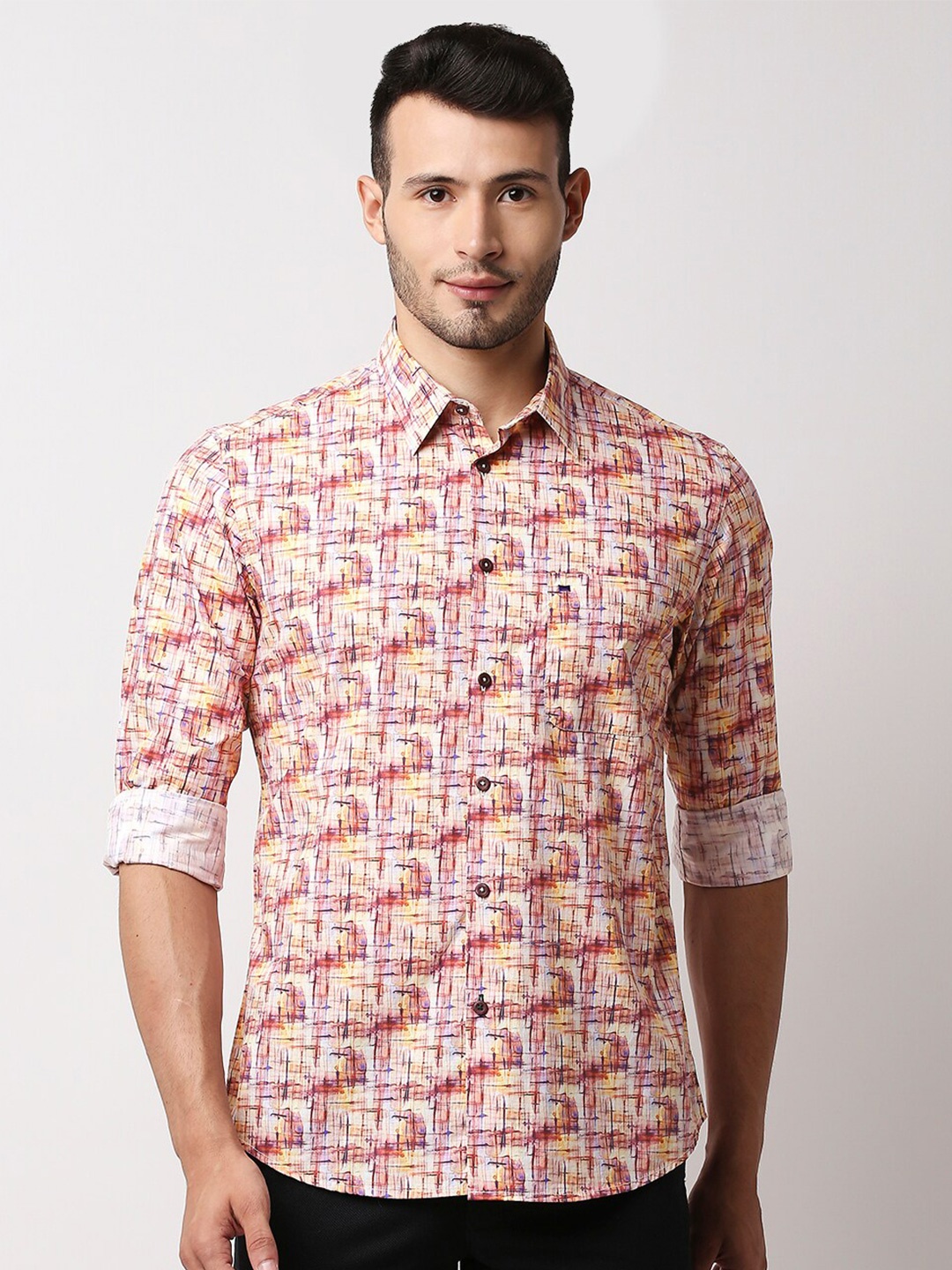 

Basics Men Orange Slim Fit Printed Regular Fit Casual Shirt