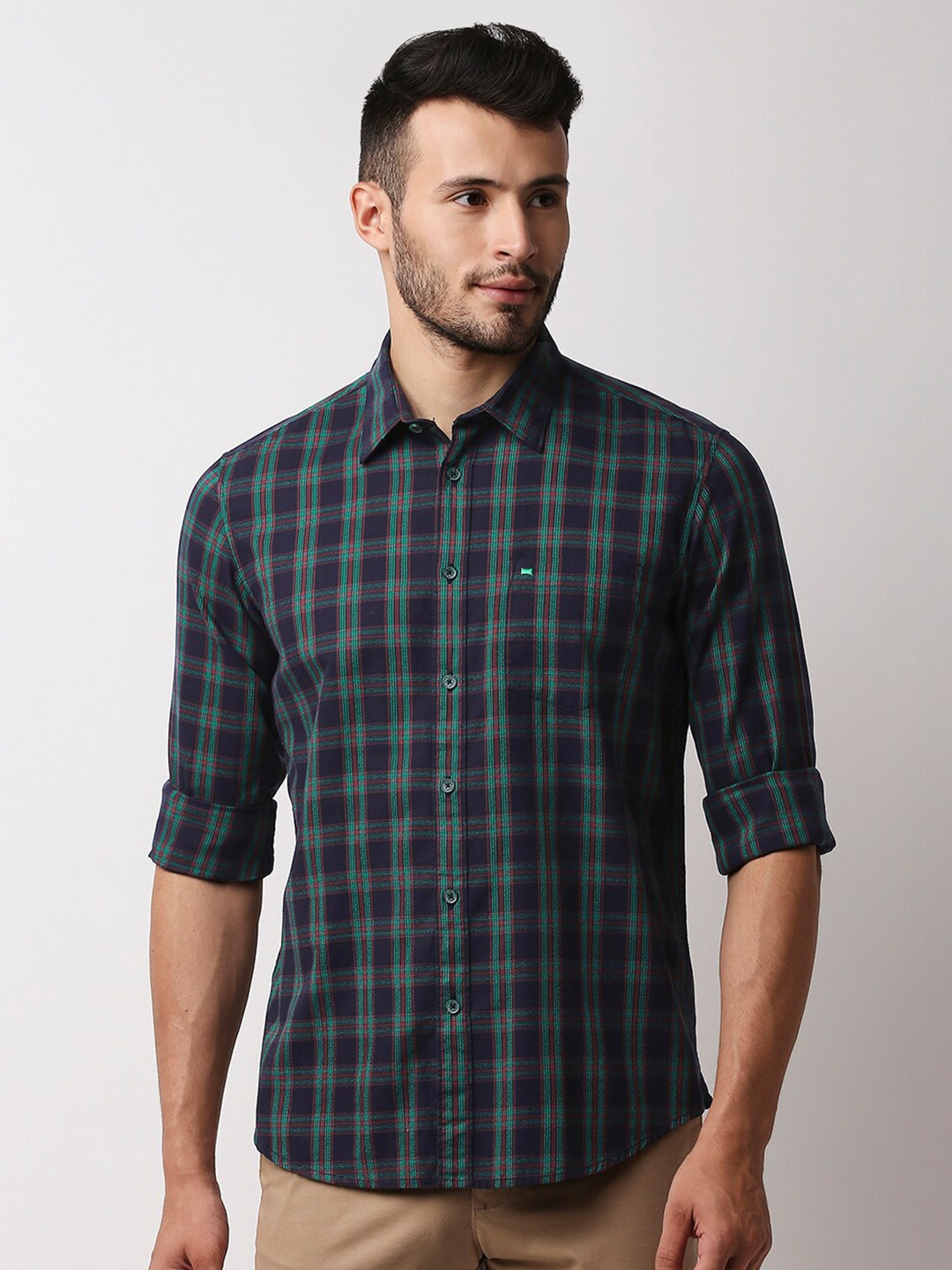 

Basics Men Green Slim Fit Checked Casual Shirt