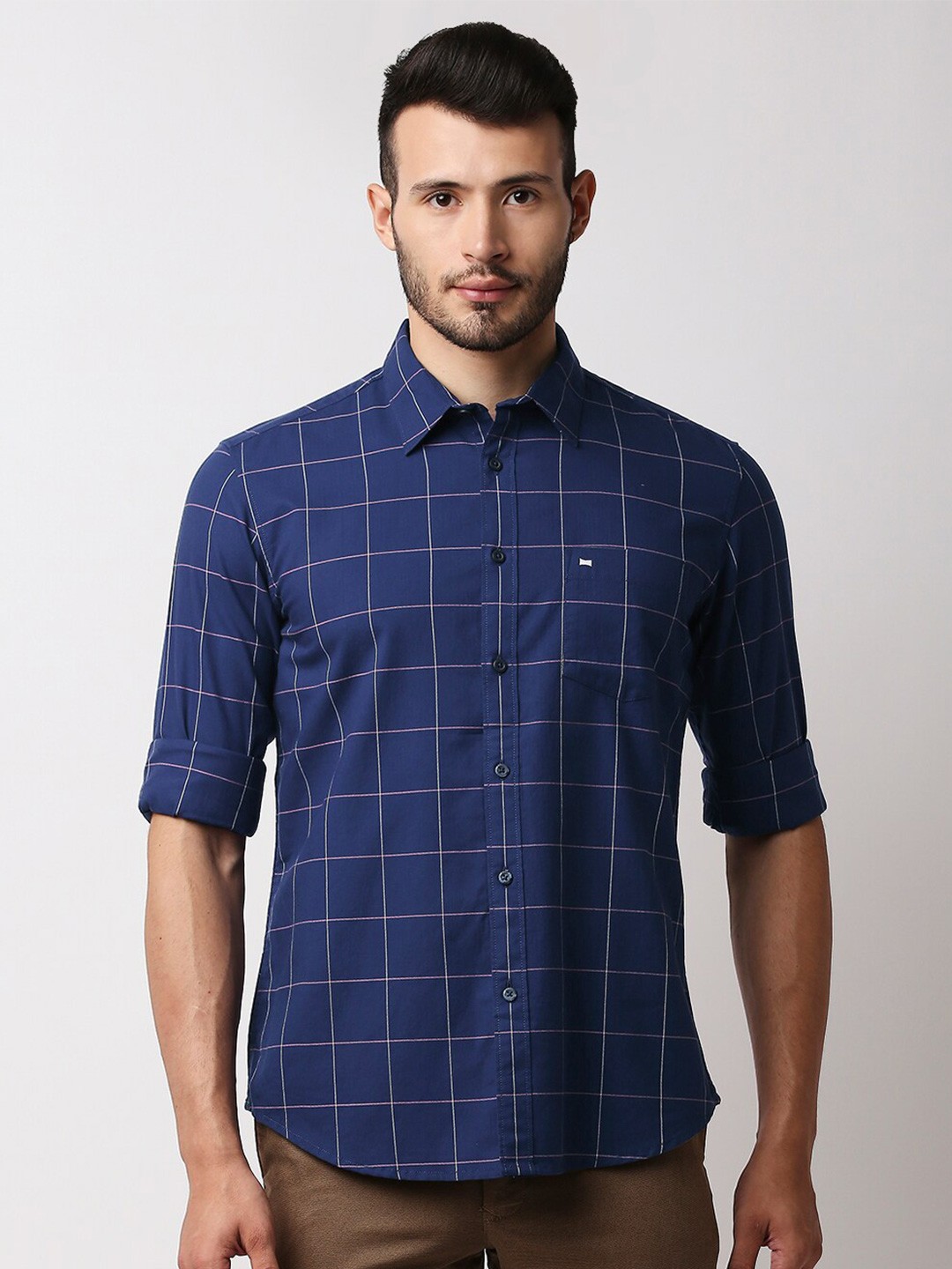 

Basics Men Navy Blue Slim Fit Windowpane Checks Checked Casual Shirt