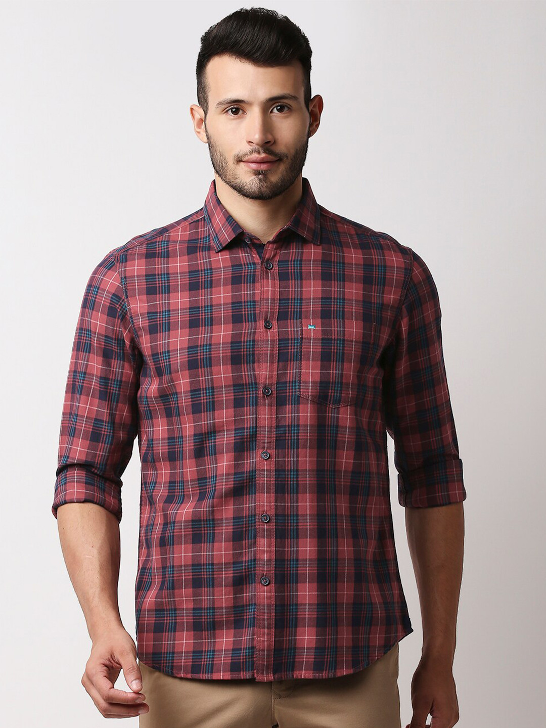 

Basics Men Red Slim Fit Tartan Checks Checked Casual Shirt