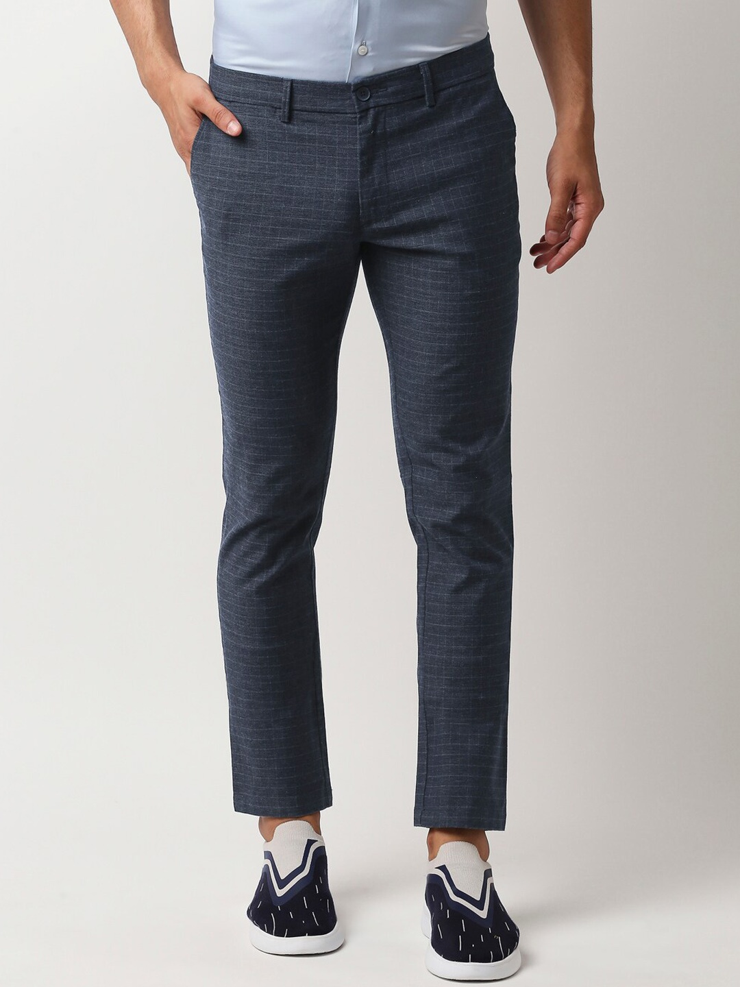 

Basics Men Navy Blue Checked COTTON STRETCH Tapered Fit Trousers