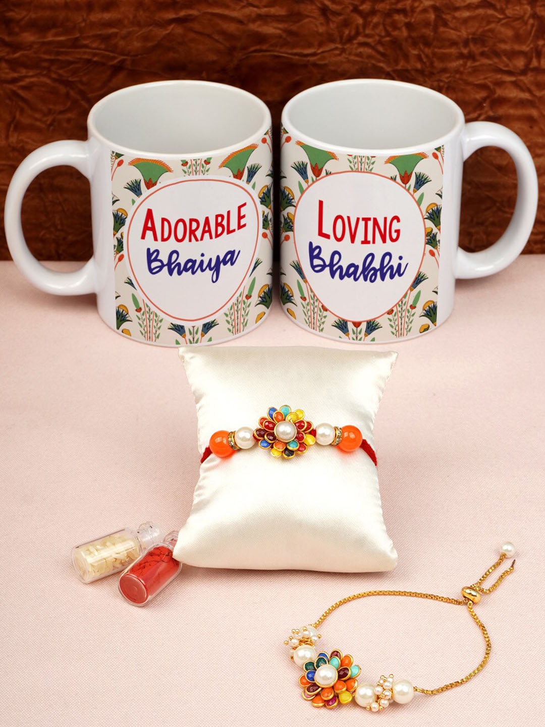 Crazy Corner White & Gold-Toned Bhabhi Rakhi & Mug Gift Set