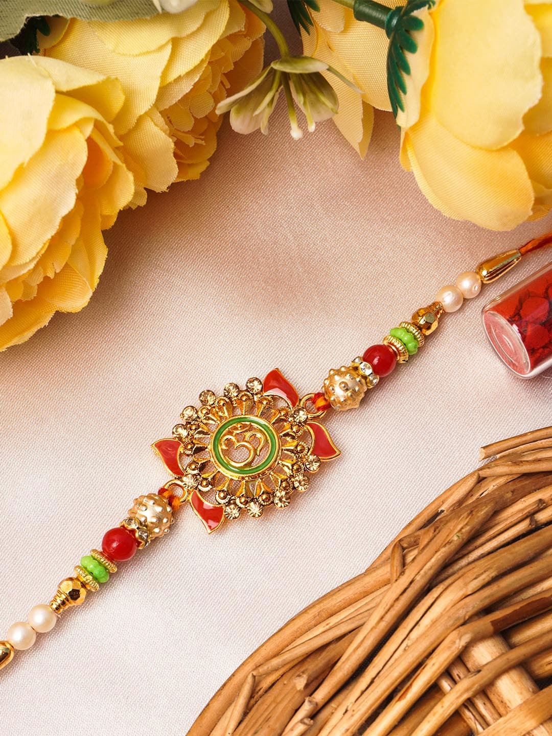 

Urmika Red and Gold-Toned Beaded Thread Rakhi