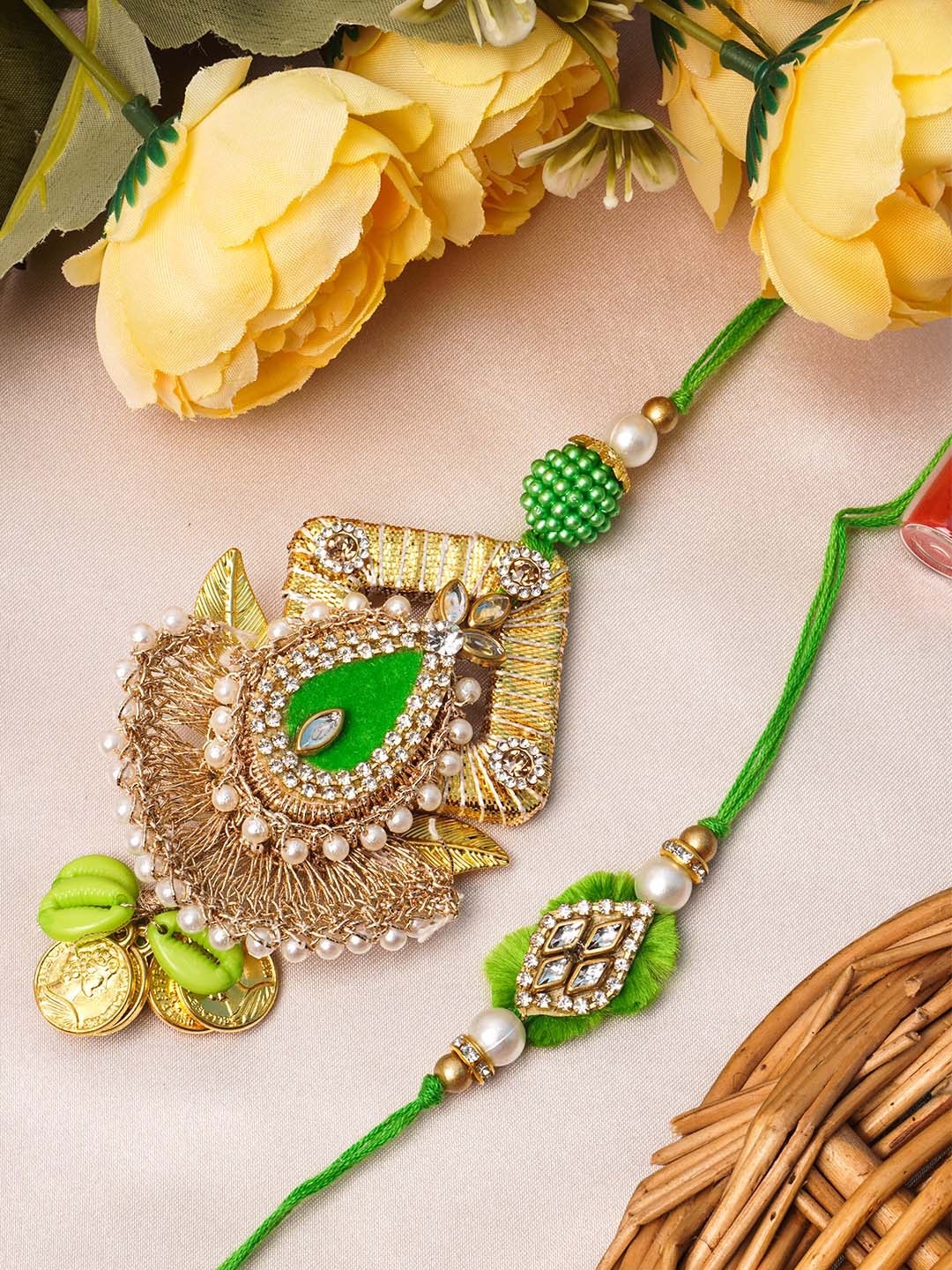 

Urmika Gold-Toned White & Green Stone-Studded & Beaded Rakhi