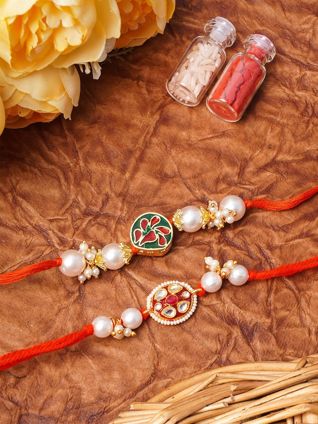 

Urmika Set Of 2 Meenakari Kundan Rakhi With Roli and Chawal, Red
