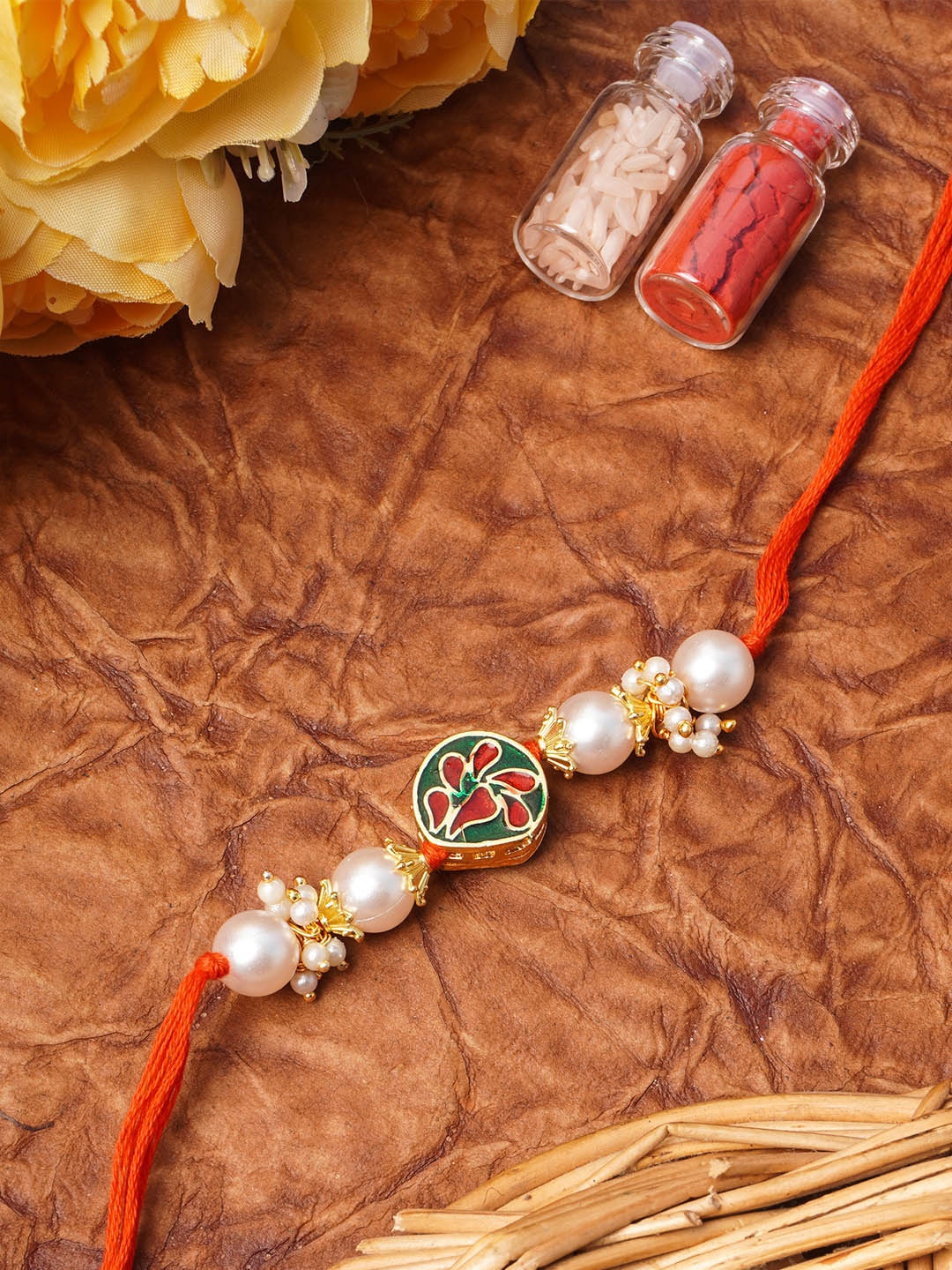 

Urmika Green & Red Meenakari Kundan Studded Tie-Up Rakhi With Roli Chawal