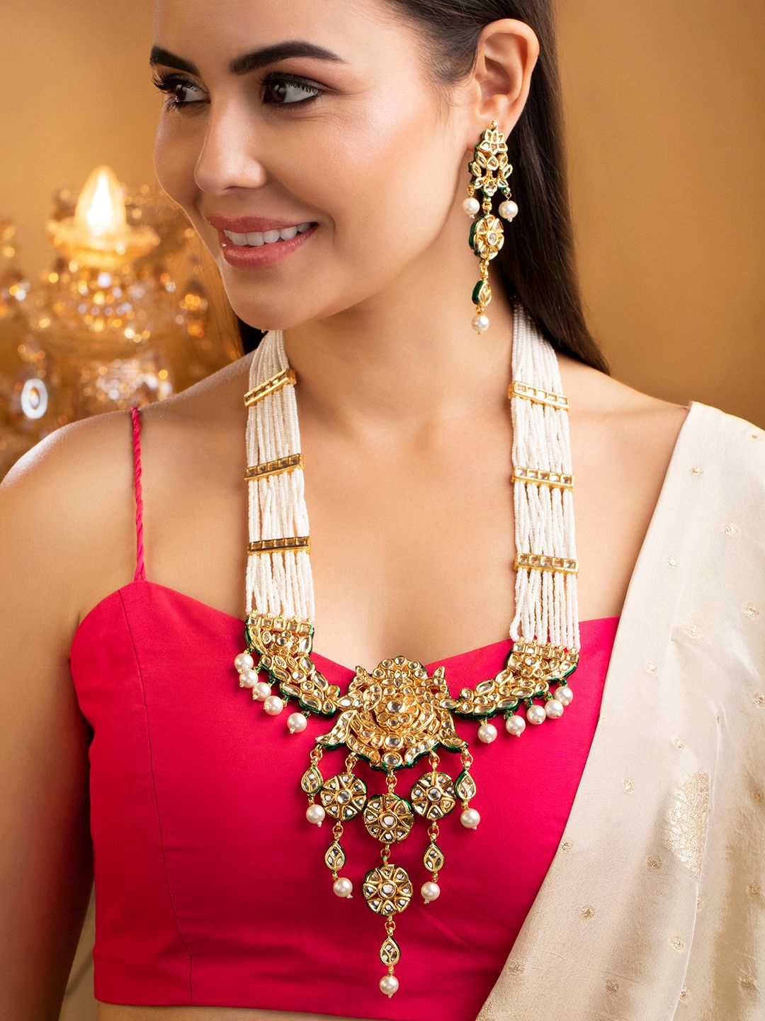 

Rubans Gold-Plated White Kundan-Studded & Pearl Beaded Jewellery Set