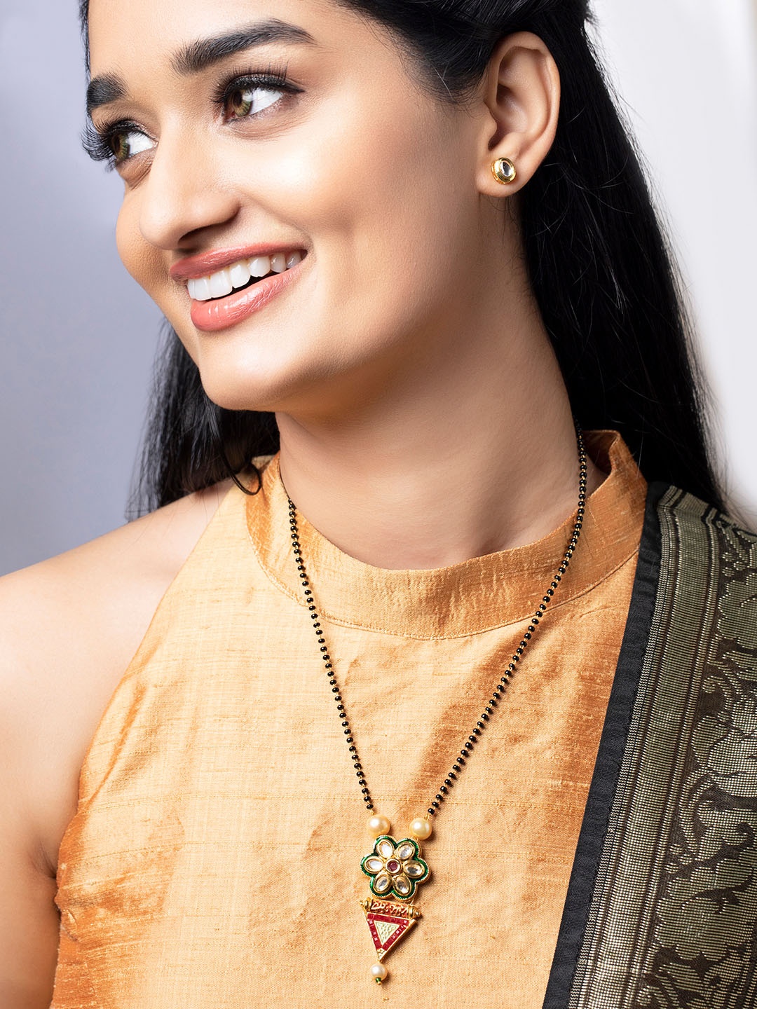 

Rubans Enamelled Gold-Toned Stone-Studded Mangalsutra Set