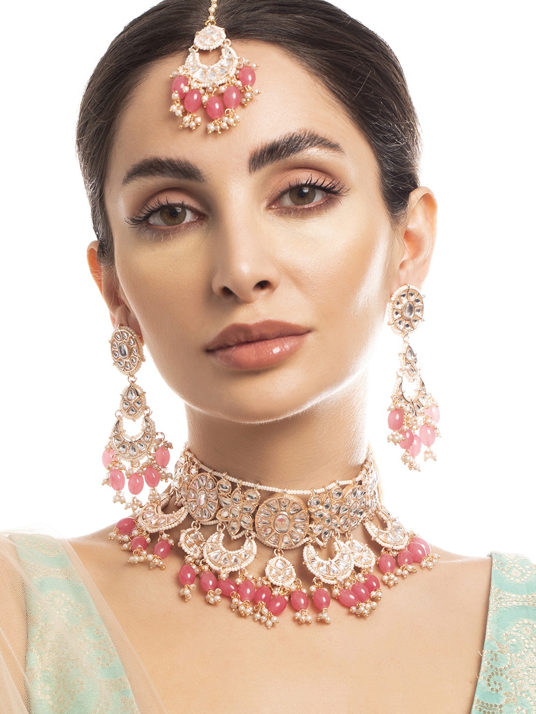 

Rubans Gold-Plated White & Pink Studded Beaded Jewellery Set
