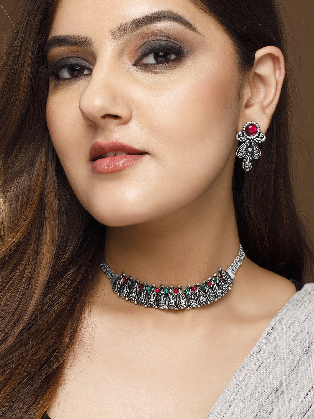 

Rubans Oxidised Silver-Plated Red & Green Stone-Studded Jewellery Set