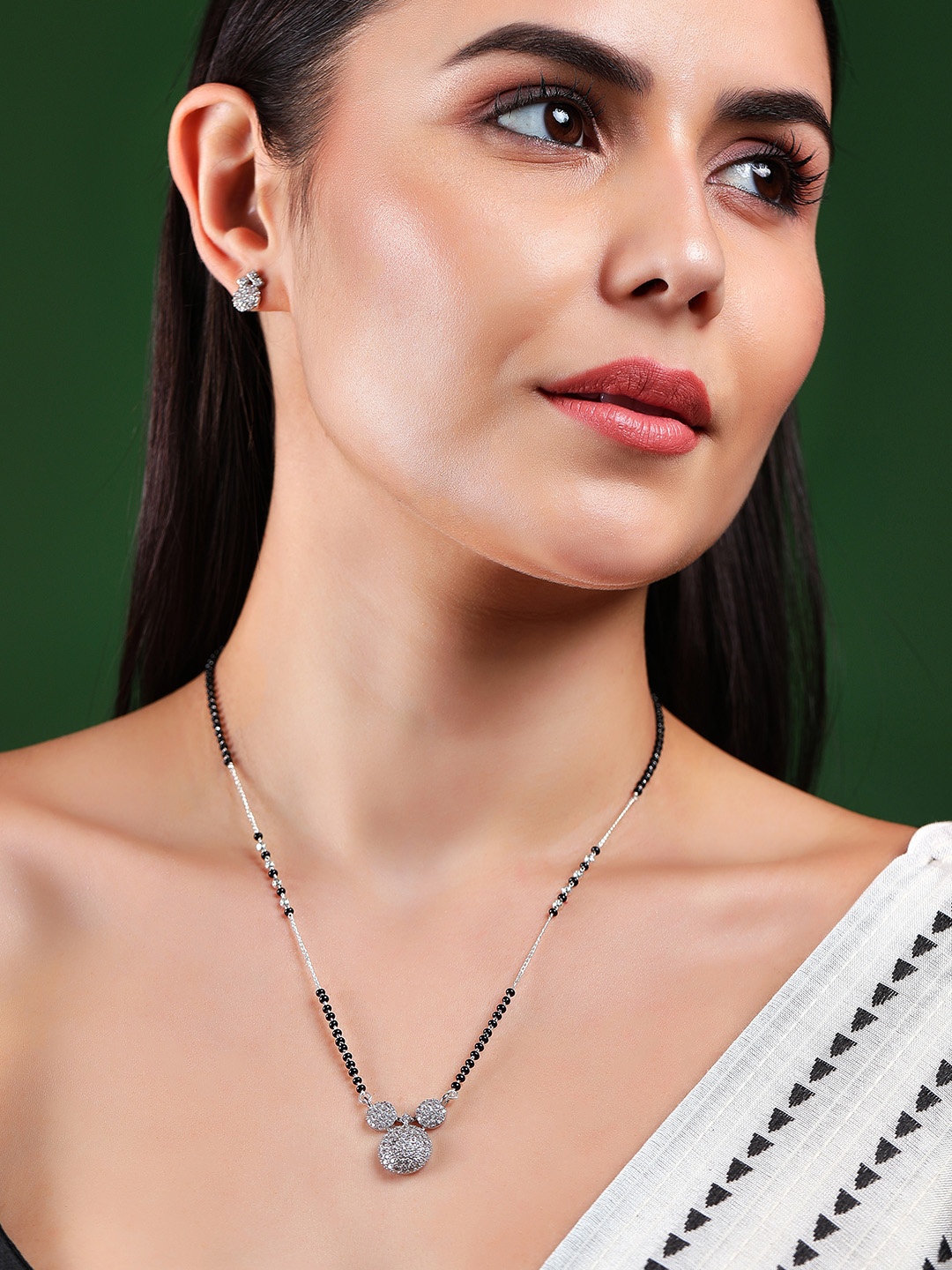 

Rubans Silver-Plated Black AD-Studded & Beaded Mangalsutra Set