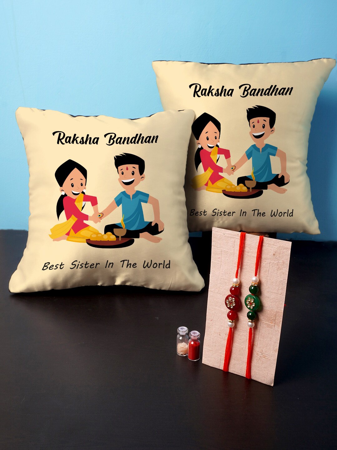 

Crazy Corner Set Of 2 Cushion & Rakhi Combo, Red