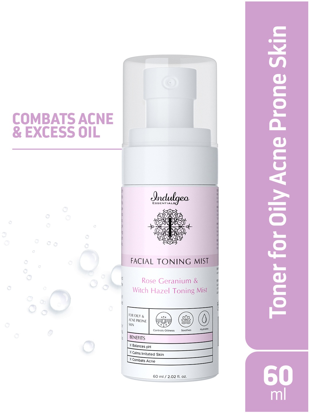 

Indulgeo Essentials Rose Geranium & Witch Hazel Toning Mist For Acne Prone Skin - 60 ml, Purple