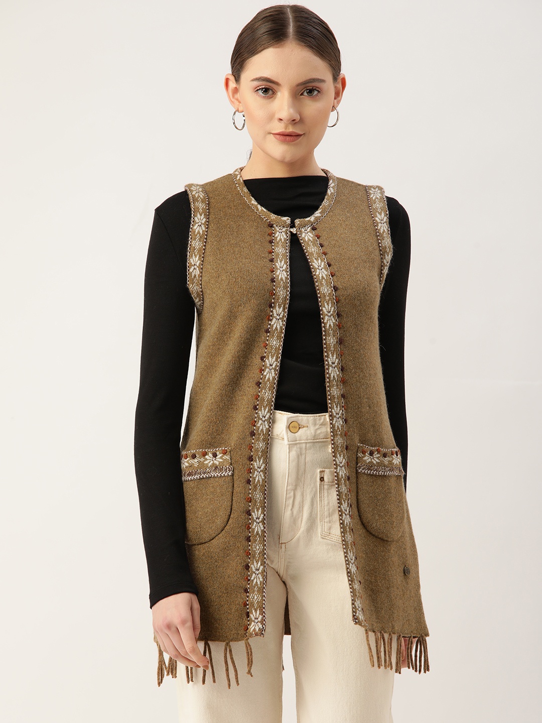 

Monte Carlo Women Brown Embroidered with Embellished Detail Longline Front Open Sweater