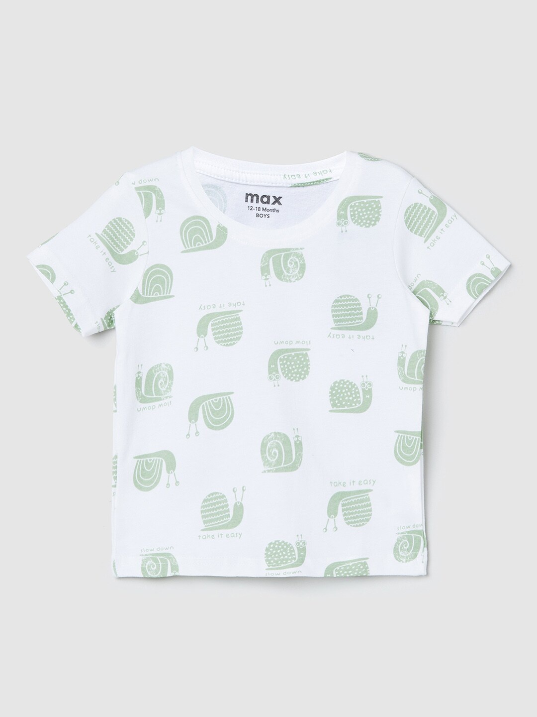 

max Boys White & Olive Green Printed take it easy design T-shirt