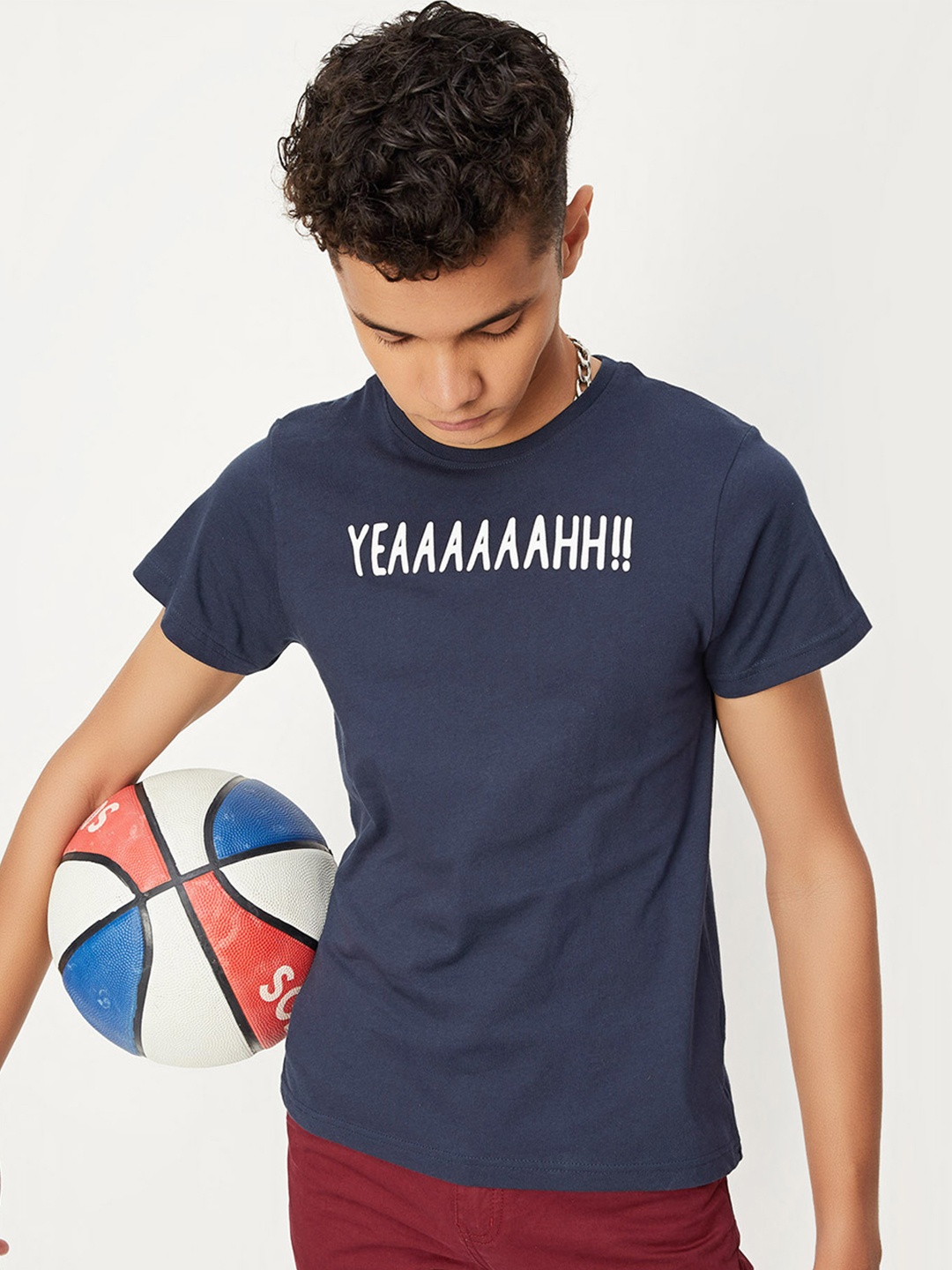 

max Boys Navy Blue Typography Printed T-shirt
