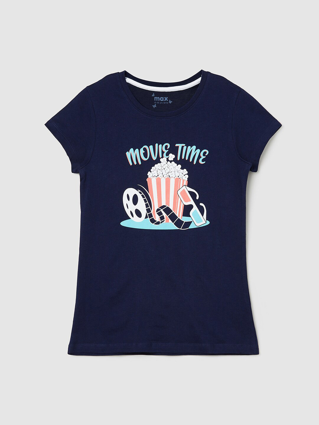 

max Girls Navy Blue Typography Printed Pure Cotton T-shirt