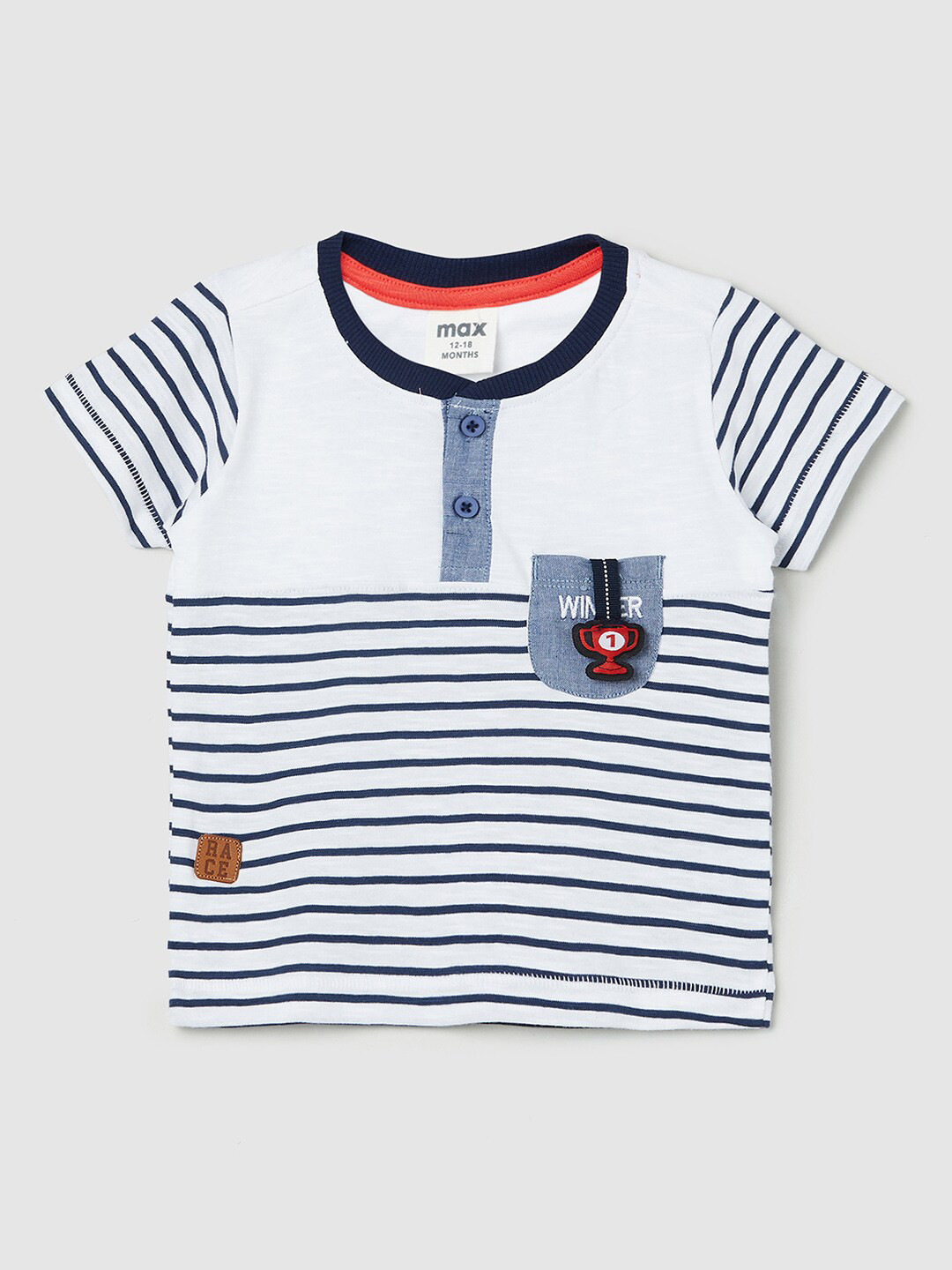 

max Boys White Striped Henley Neck T-shirt