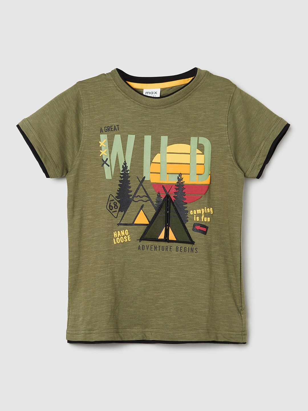 

max Boys Olive Green Printed Regular Fit T-shirt