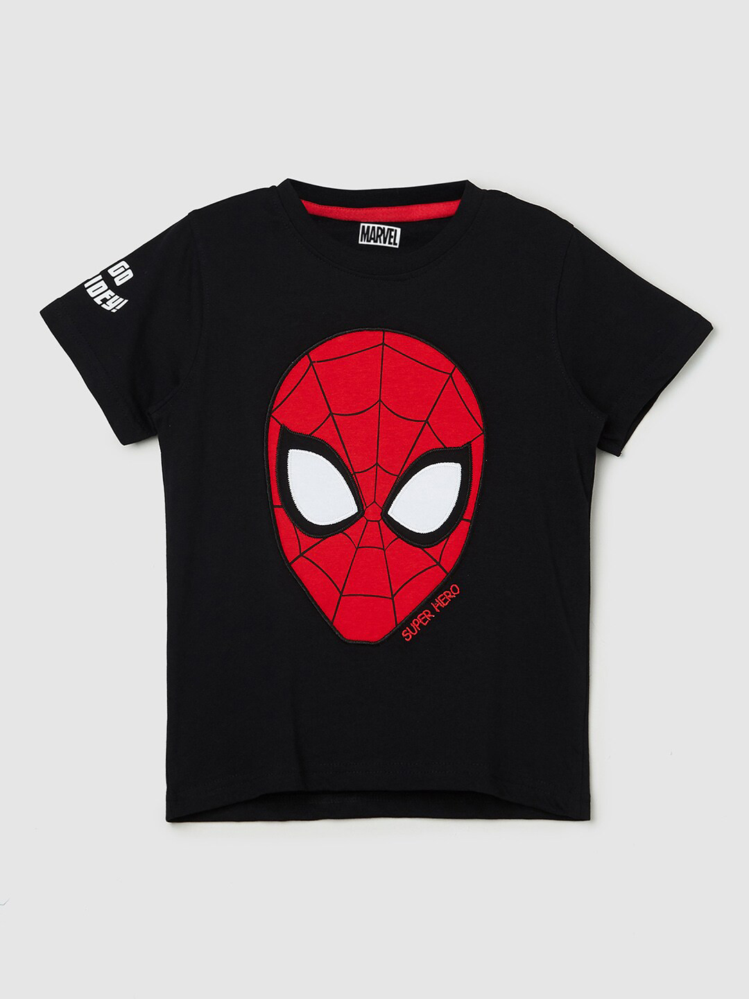 

max Boys Black Spider-Man Printed Applique T-shirt