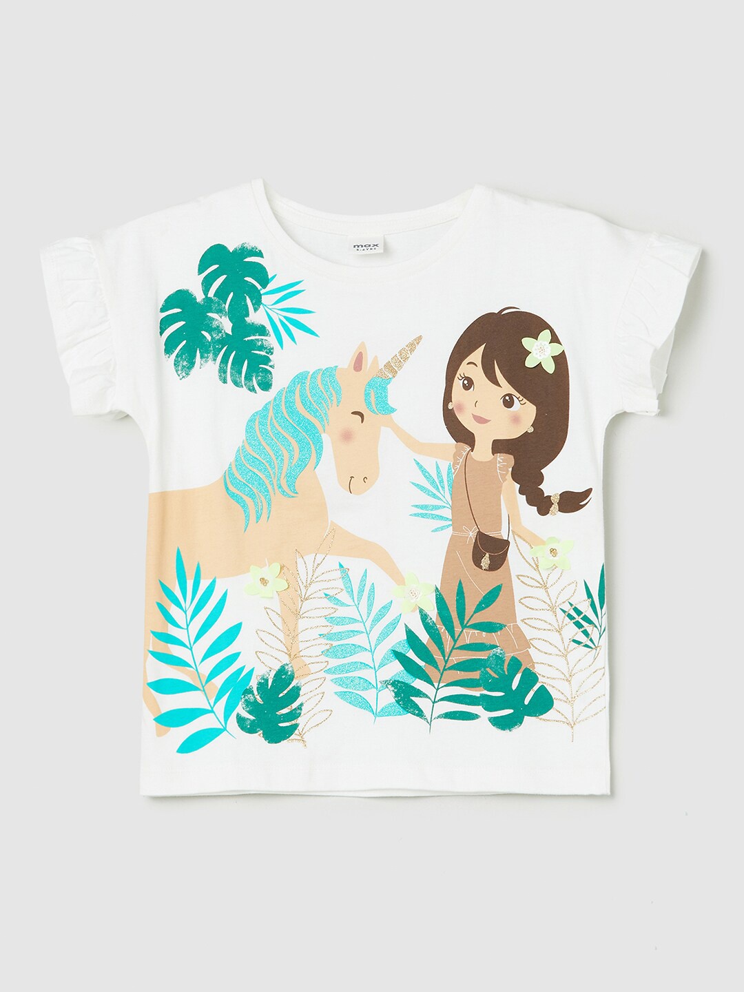 

max Girls Off White & Sea Green Printed Pure Cotton T-shirt