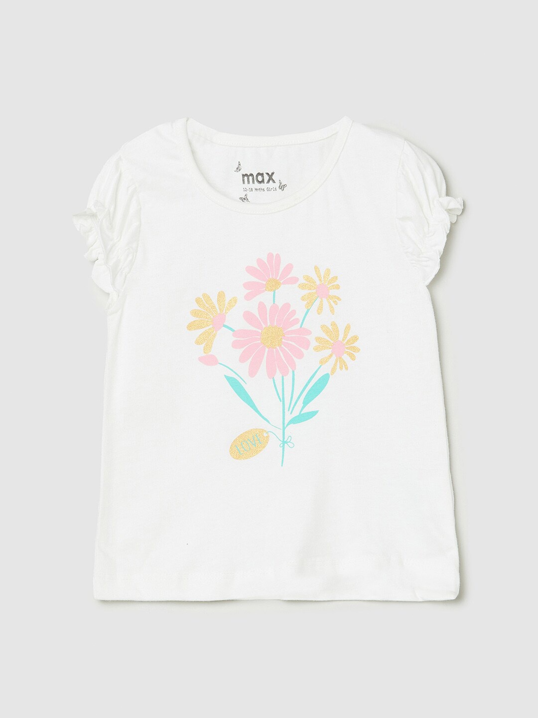 

max Kids-Girls White Floral Printed V-Neck Puff Sleeves Raw Edge T-shirt