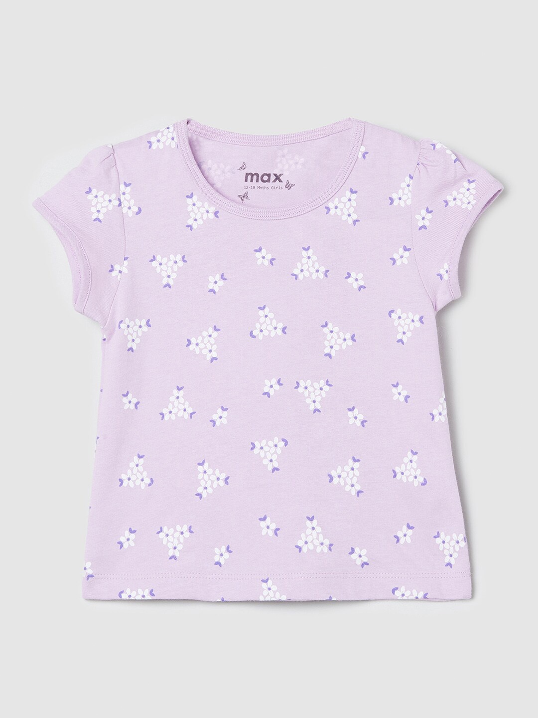 

max Girls Lavender Floral Printed Puff Sleeves T-shirt