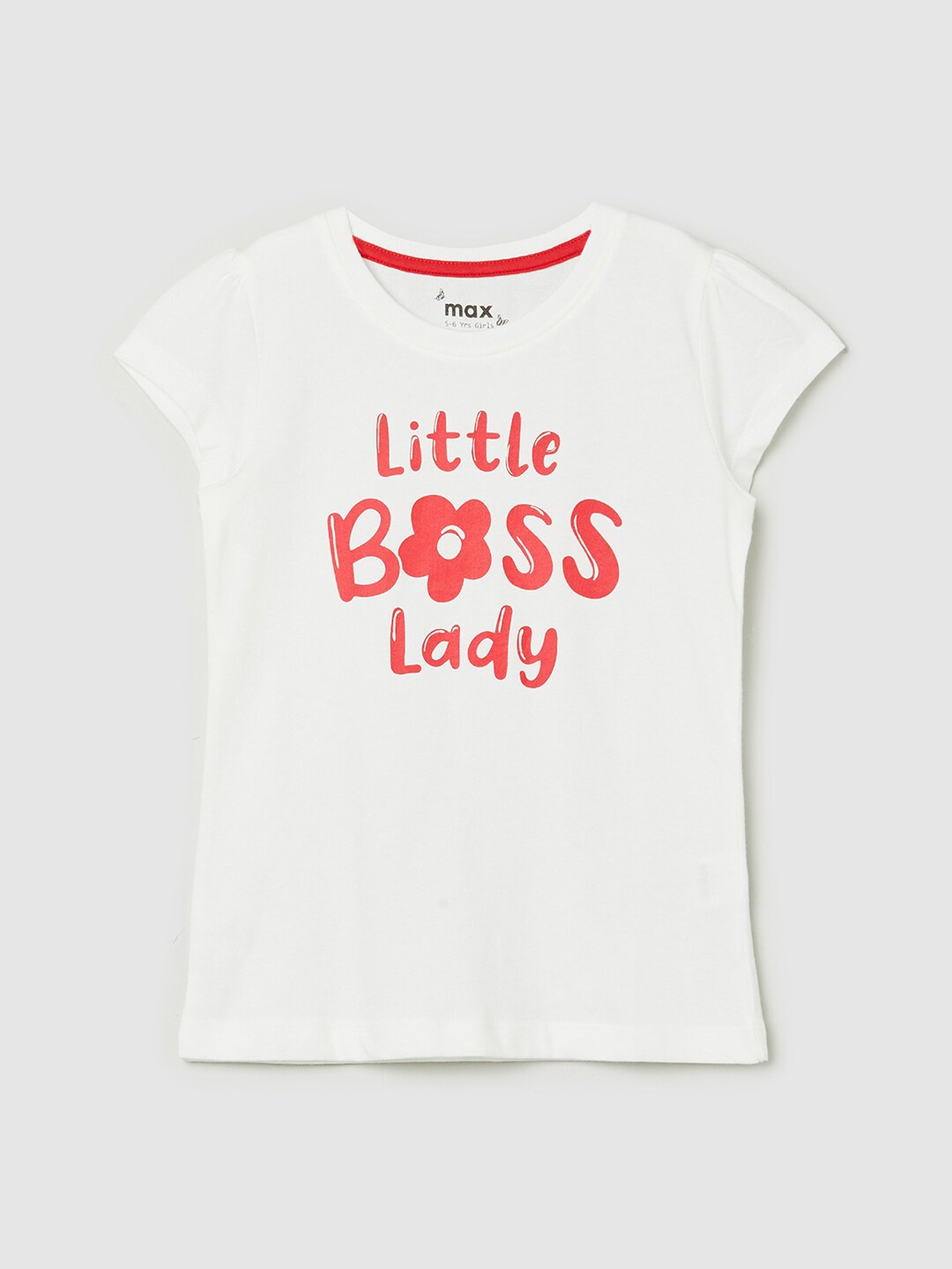 

max Girls Off White & Coral Typography Printed T-shirt